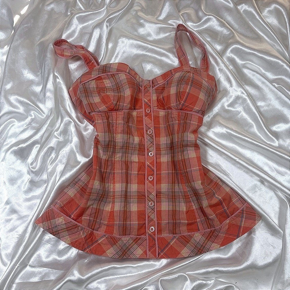 y2k G by Guess Corset Top Pink Orange Plaid Excellent Bustier Cami L